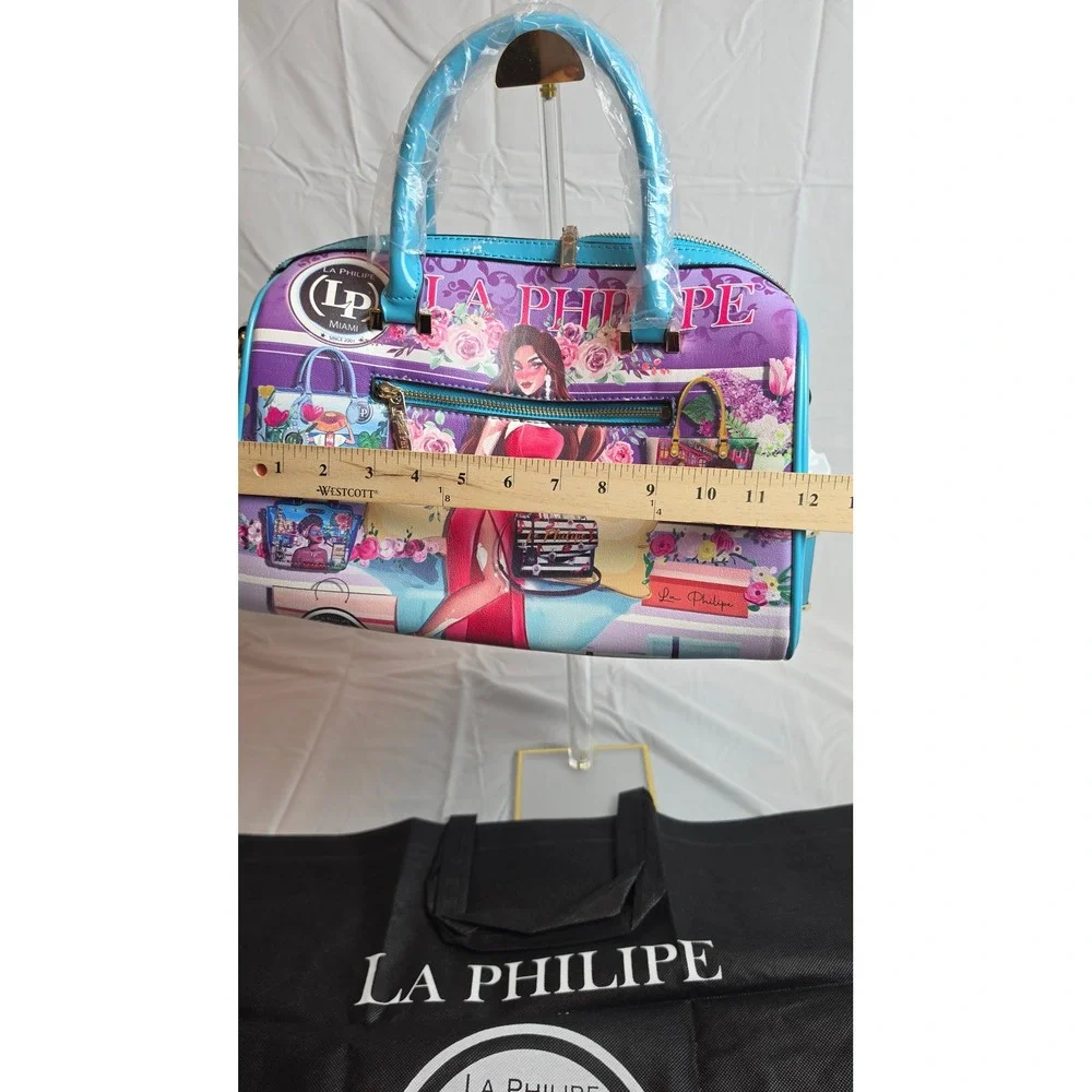 La Philipe Bold Beauty Satchel Handbag Turquoise Purple Floral Graphic LP1020